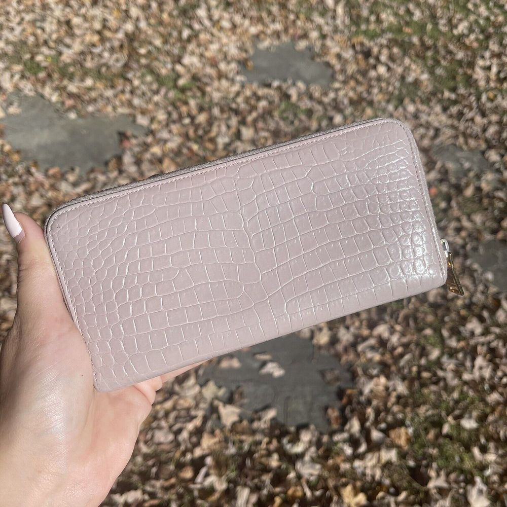 Auth Saint Laurent Round Zipper Long Wallet Croco Embossed YSL Logo Gold - Picture 2 of 12